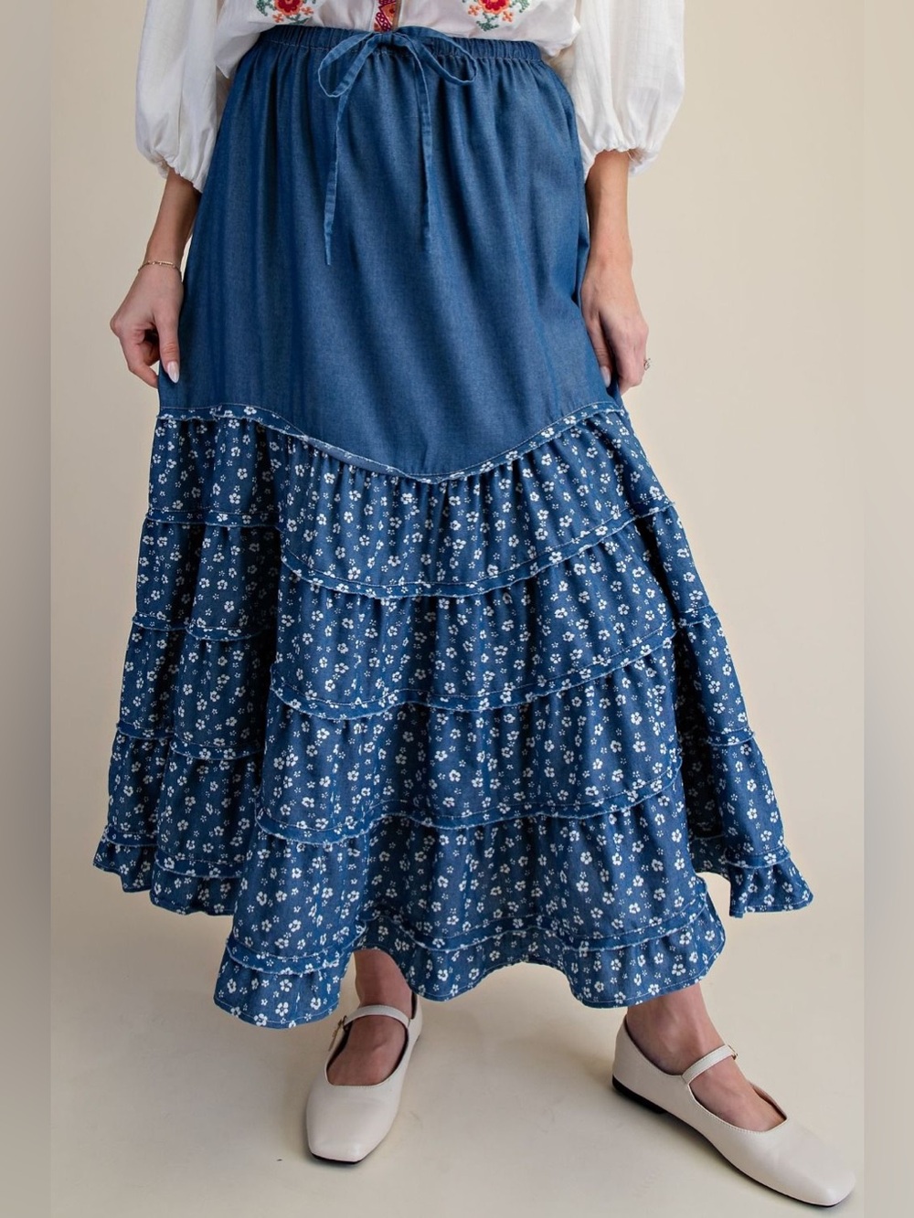 easel Blue Tiered Maxi Skirt with Floral Ruffle Panels